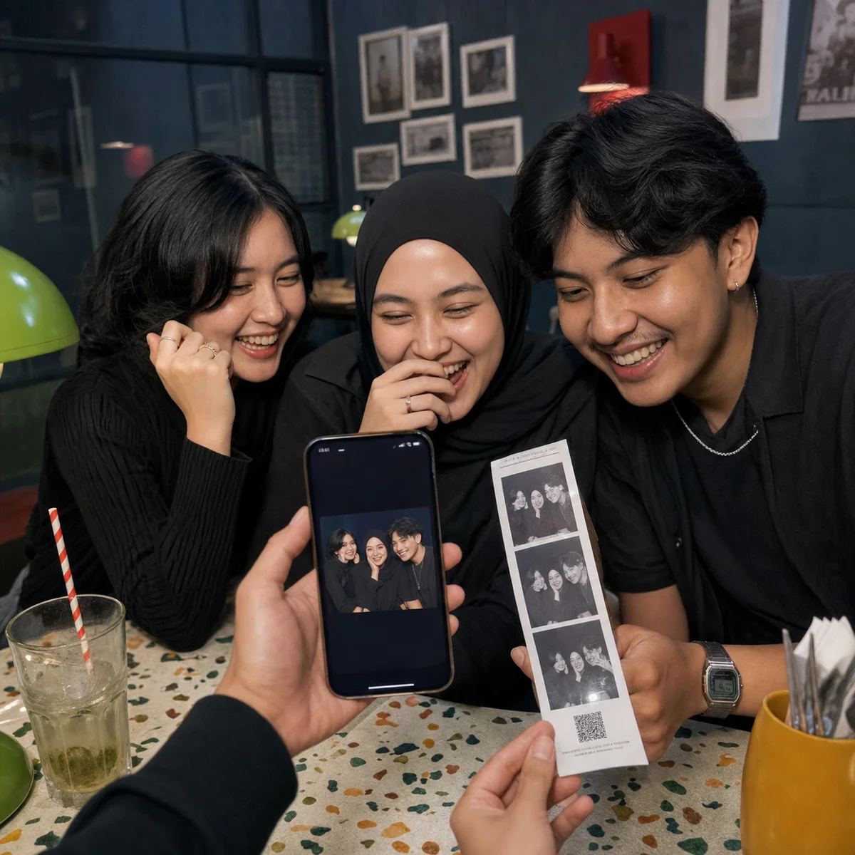 Tiga teman melihat hasil foto berwarna di ponsel dan receipt fisiknya