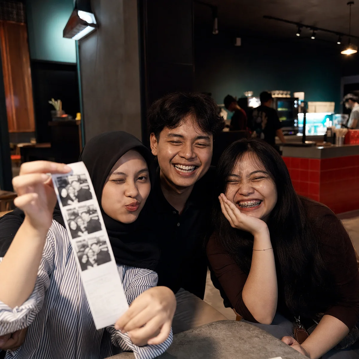 Tiga teman memegang receipt foto setelah bermain di cafe