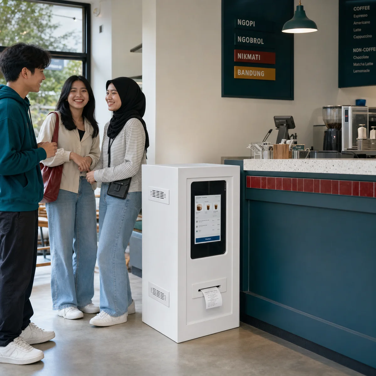 Unit Boothworks Receipt yang ringkas ditempatkan di sebelah kasir cafe