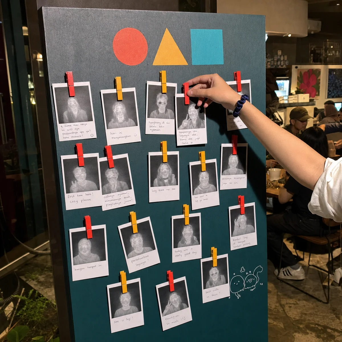 Konsep Social Booth berupa board receipt foto yang dipasang sukarela oleh pengunjung